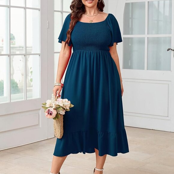 Women's Plus Size Summer Dress Floral Boho Maxi Short Sleeve Ruffle - Picture 5 of 7